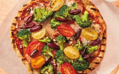 Grilled Broccoli, Cherry Tomato, and Olive Tortilla Pizzas